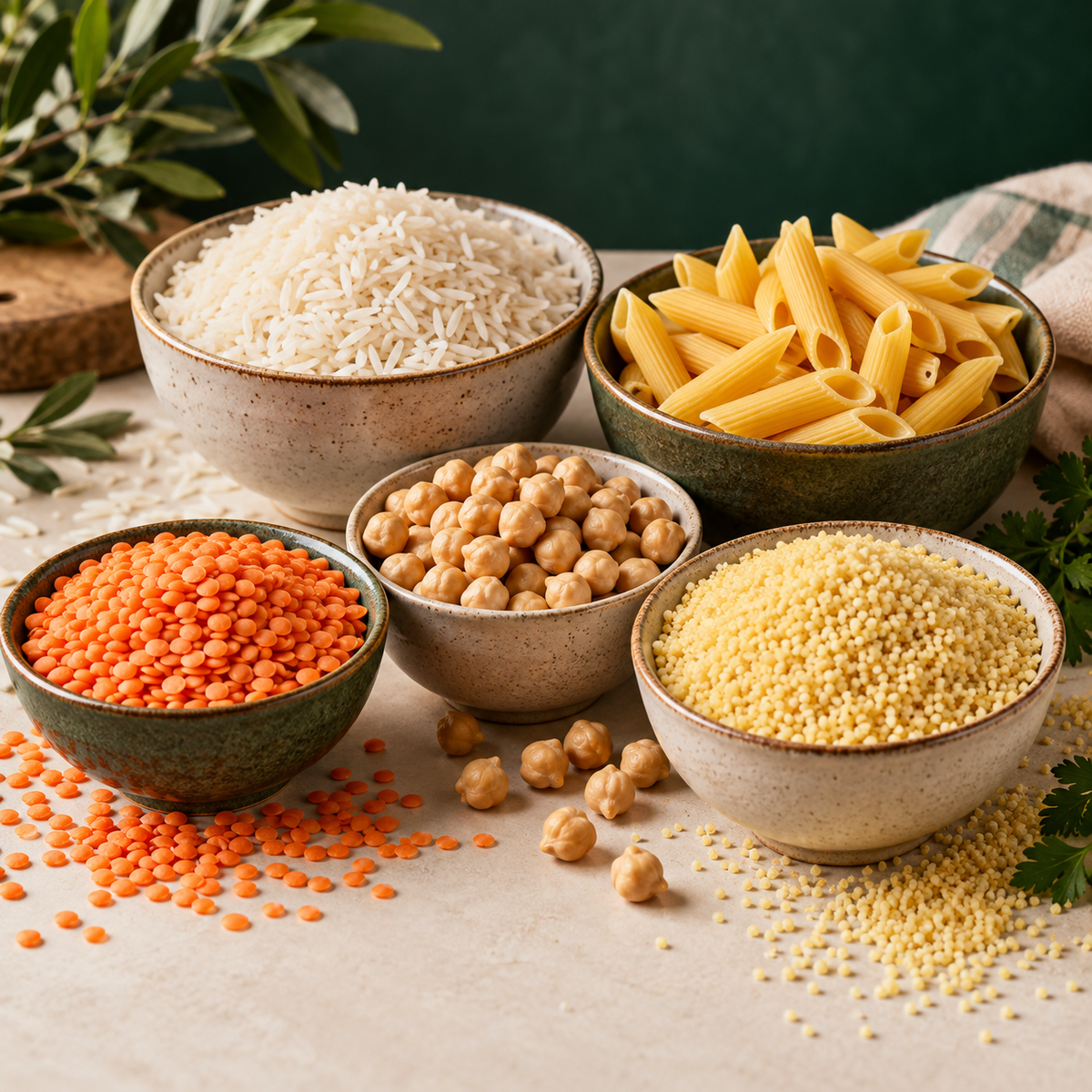 Rice, pasta, couscous and pulses