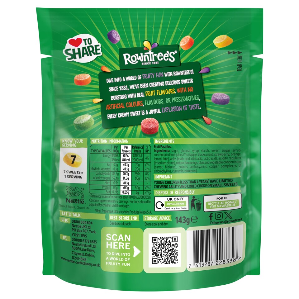 Rowntree's Fruit Pastilles Vegan Friendly Sweets Sharing Bag 143g