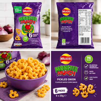 Walkers Monster Munch Pickled Onion Baked Corn Snacks 6 x 20g