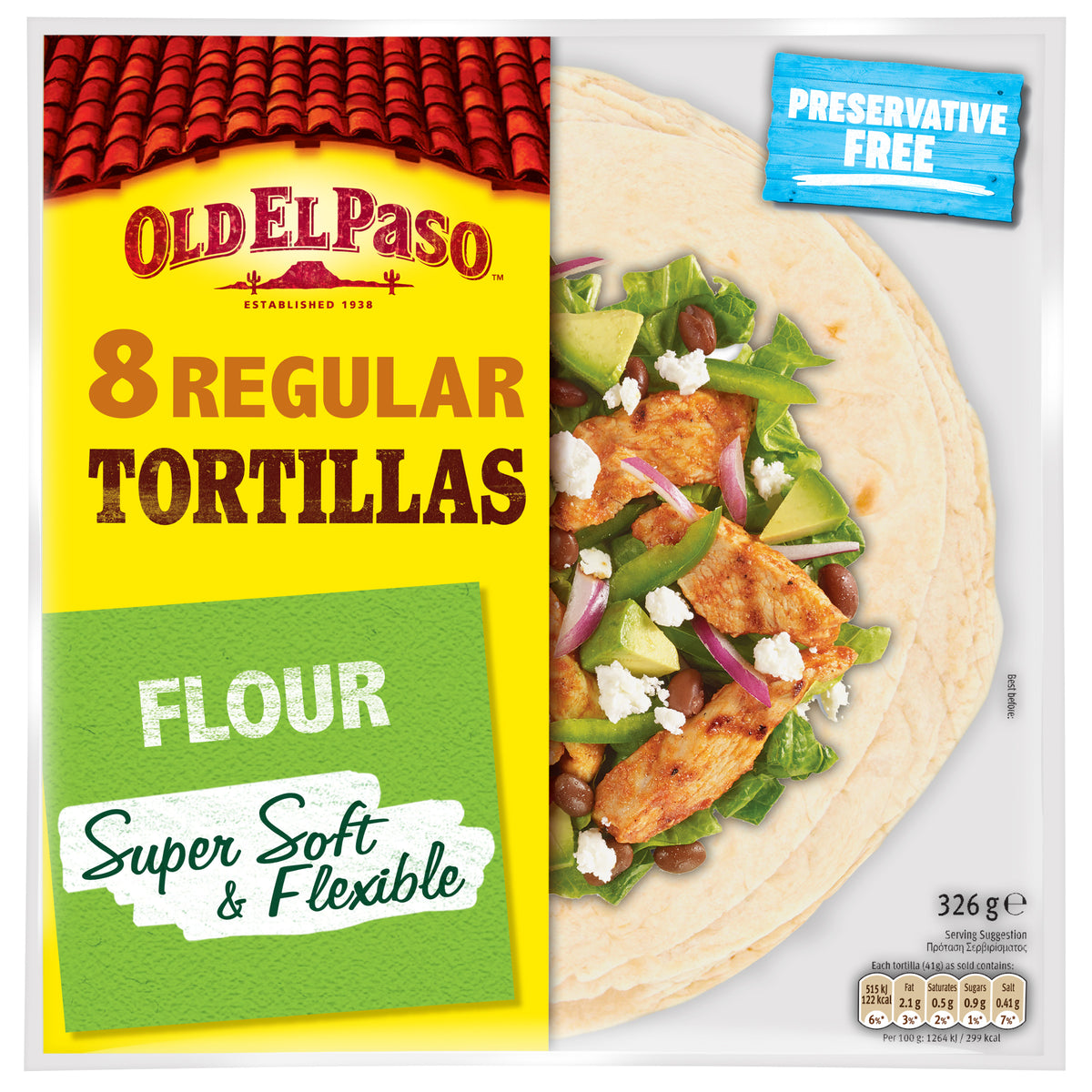 Old El Paso Regular Super Soft Flour Tortillas Wraps 8 Pack 326g