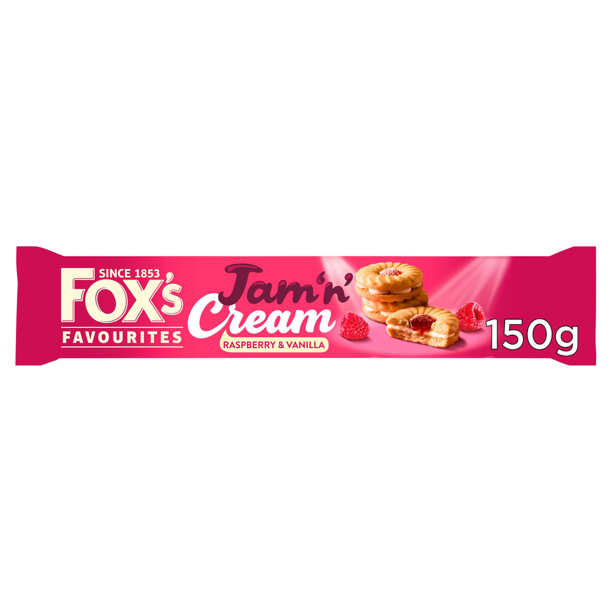 Fox's Favourites Jam 'n' Cream Raspberry & Vanilla Biscuits 150g pack