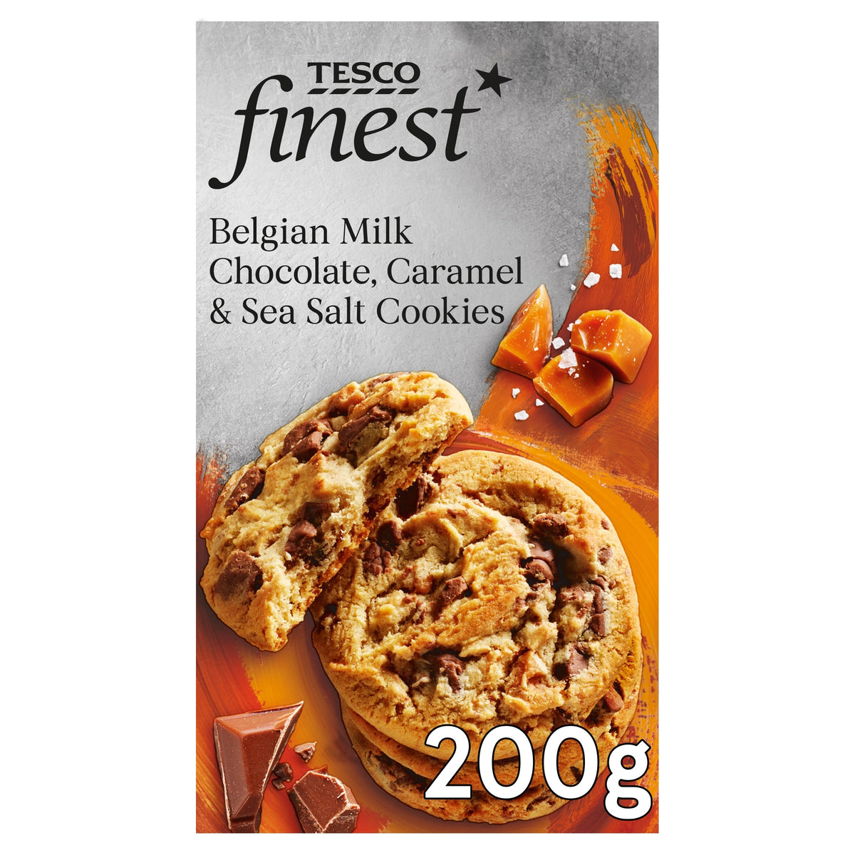 Tesco Finest Belgian Milk Chocolate, Caramel & Sea Salt Cookies 200g pack