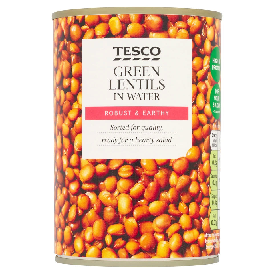 Tesco Green Lentils in Water 390g can