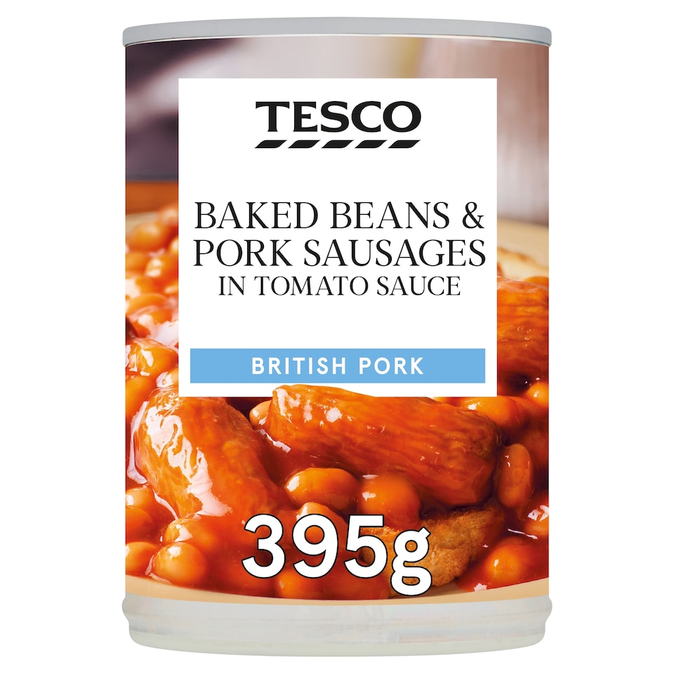 Tesco Baked Beans & Pork Sausages in Tomato Sauce 395g product pack